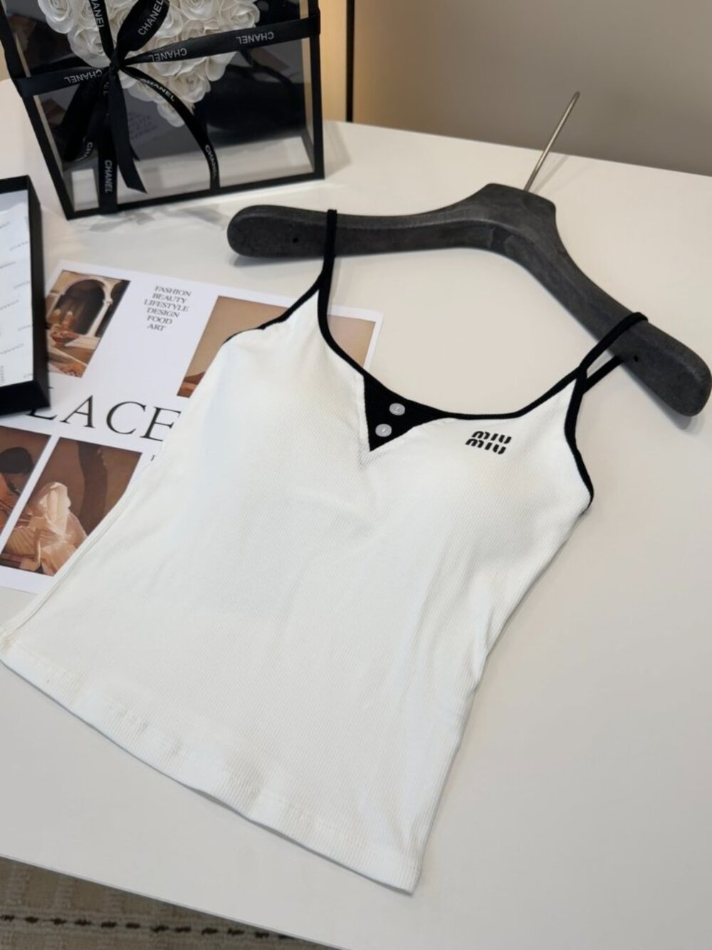 Miu Miu White Ribbed Contrast Trim Camisole